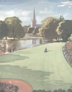 The 1953 brochure for the Light Atco motor mower featured this image of an Atco mower in use in the parks in Stratford On Avon in front of the Shakespeare Memorial Theatre.