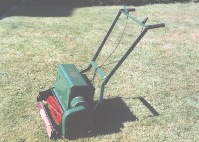 Atco electric lawn mower powered by a car battery.
