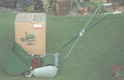 The Ransomes Ajax was a popular hand mower from the 1930s to the 1970s. This particular mower is a Mark 5, complete with its grass box and the packing case it was supplied in when new.
