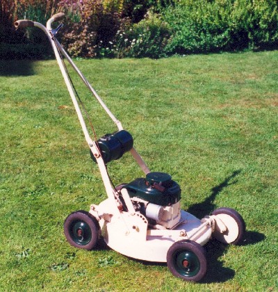 Second design of Atco rotary mower with petrol tank mounted in the handles.