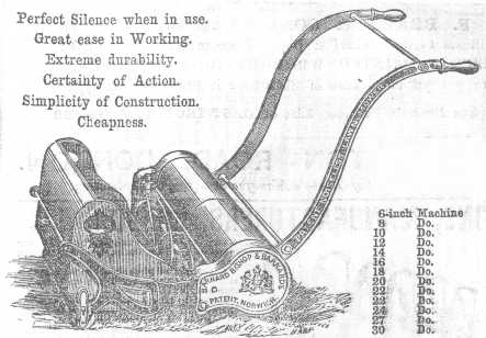 Advertisement dated 1869 showing the Patent Noiseless lawn mower from Barnard, Bishop & Barnard.