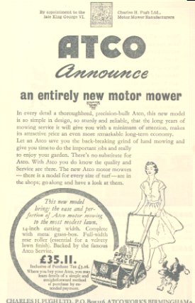 A 1953 advertisement for that year's Atco motor mowers.