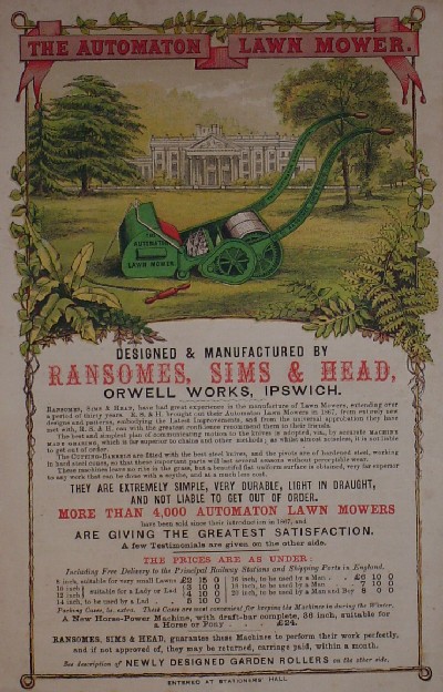 Early colour advertisement for the Ransomes Automaton, probably dating from about 1870.