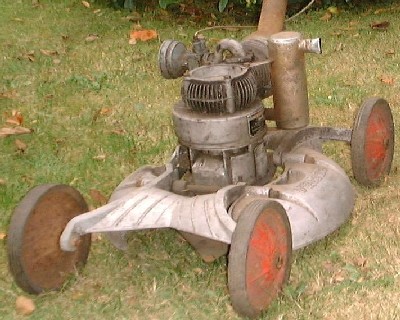 Farmfitters Rapier rotary mower showing cast aluminium base and Vincent engine.
