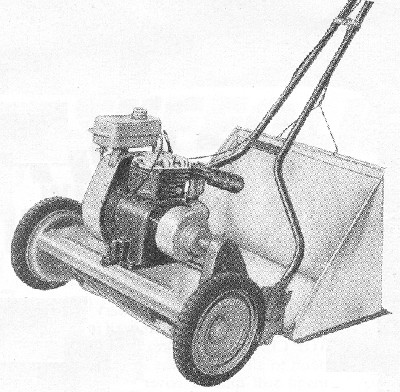 The Suffolk Squire was a motorised sidewheel mower with a canvas grass catcher.
